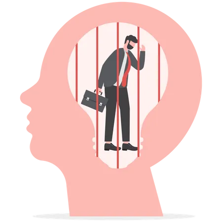 Business Man Sad Is Sitting And Crying In A Screaming Head Prison Fixed Mindset Concept Illustration