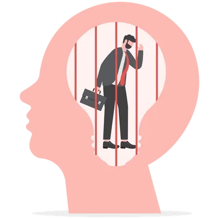 Business man sad is sitting and crying in screaming head prison fixed mindset  Illustration