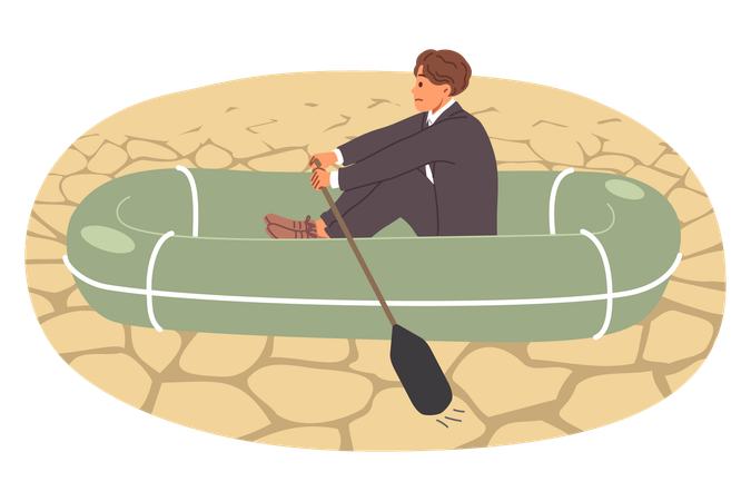 Business man sails through desert on boat showing lack of skill in handling crisis situations  Illustration