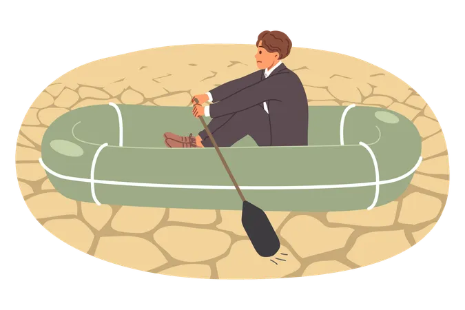 Business Man Sails Through Desert On Inflatable Boat Showing Unprofessionalism And Lack Of Skill In Handling Crisis Situations Concept Of Crisis Disrupting Entrepreneur Plans To Achieve Success Illustration