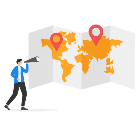 Business man searching for a map with a pin  Illustration