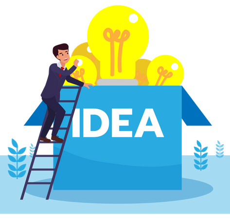 Business man searching for creative idea. Business man climbing to find an idea above the box. Flat design vector illustration  Illustration