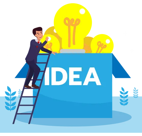 Business man searching for creative idea. Business man climbing to find an idea above the box. Flat design vector illustration  Illustration