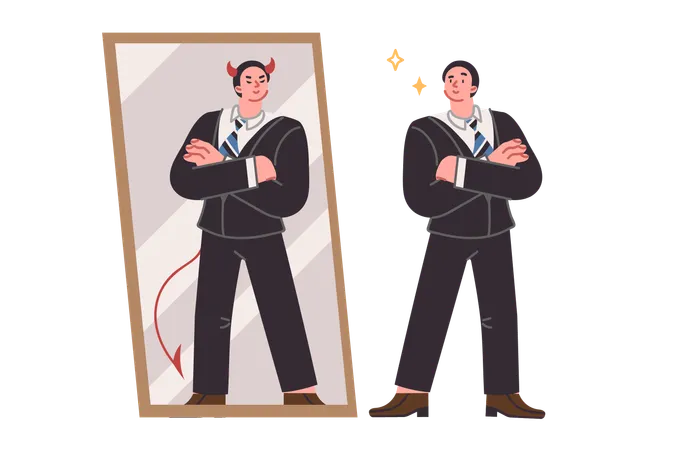 Business man seeing devil in reflection in mirror for concept duplicity and hypocritical behavior  Illustration