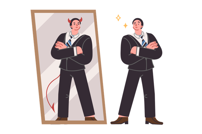 Business man seeing devil in reflection in mirror for concept duplicity and hypocritical behavior  Illustration