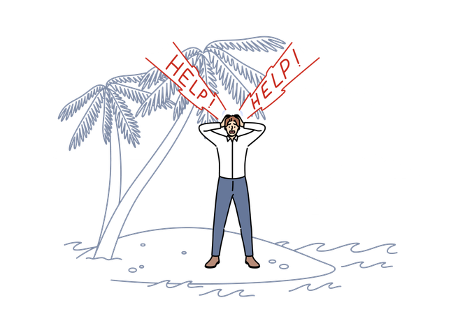 Business man shouts help standing on desert island as metaphor for dismissal or bankruptcy  Illustration