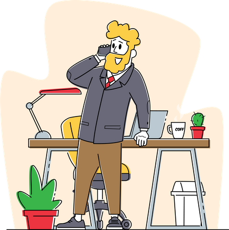 Business Man Speaking by Smartphone in Office with Working Desk Illustration