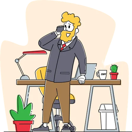Business Man Speaking By Smartphone In Office With Working Desk And Computer Handsome Adult Office Worker Character Wearing Fashioned Formal Suit Communicating By Phone Linear Vector Illustration Illustration