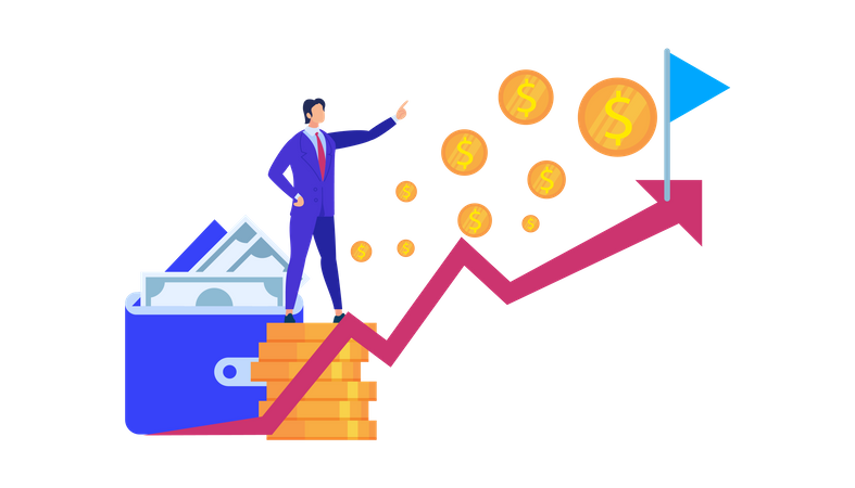 Business Man Stand at Coin Pile Pointing on growth Flag Illustration