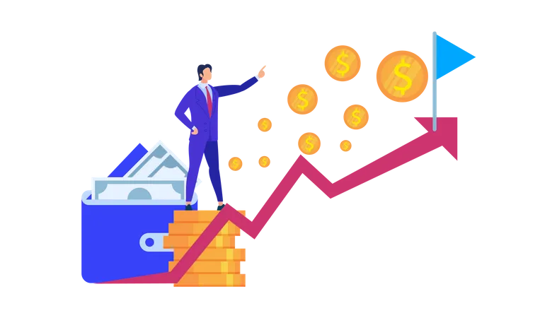 Business Man Stand at Coin Pile Pointing on growth Flag  Illustration