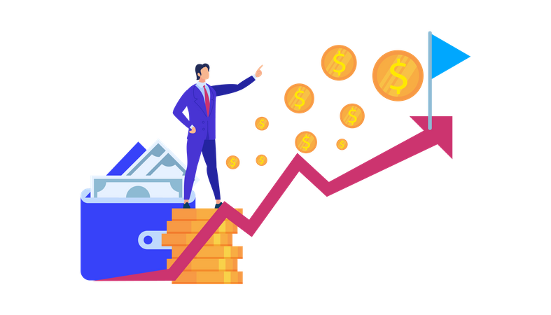 Business Man Stand at Coin Pile Pointing on growth Flag  Illustration