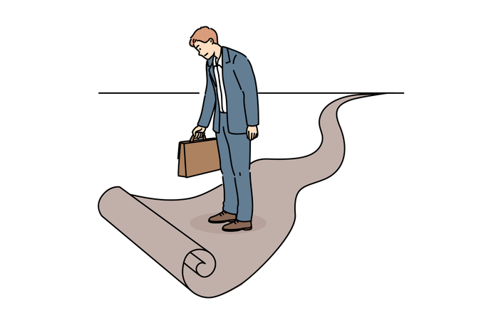 Business man standing at end of path as metaphor for limitations in career growth  Illustration