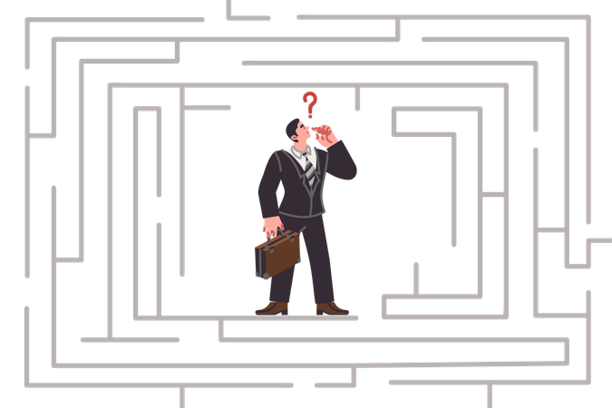 Business man stands in labyrinth and thinks coming up with options for solving problem  Illustration