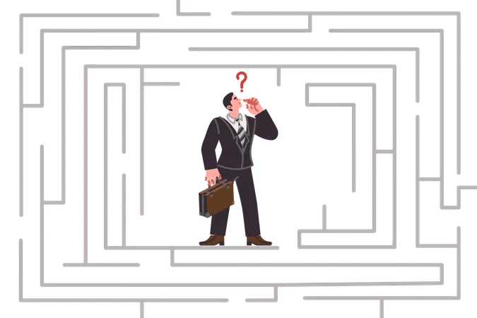 Business man stands in labyrinth and thinks coming up with options for solving problem  Illustration