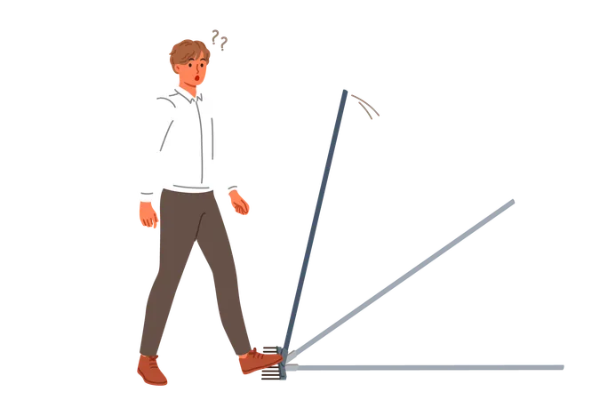 Business Man Steps On Rake Risking Injury For Concept Of Bankruptcy Due To Mistake Stupid Guy Makes Mistake Needing To Improve Intellectual And Professional Knowledge Of Problem Solving Illustration