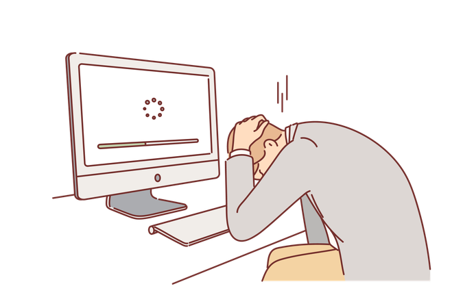 Business man suffers from computer breakdown and grabs head seeing progress bar on monitor  Illustration