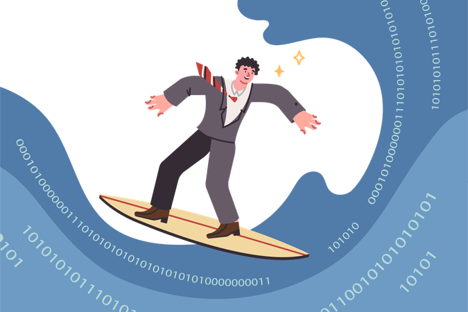 Business man surfing internet standing on surfboard gliding along waves of binary code  Illustration