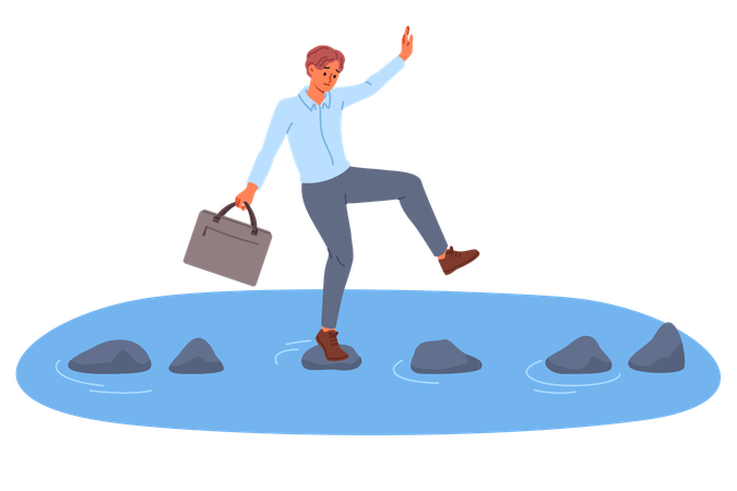 Business man takes risks by crossing river on slippery stones for achieve goals  Illustration