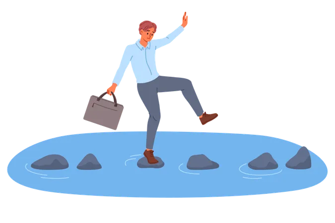 Business man takes risks by crossing river on slippery stones for achieve goals  Illustration