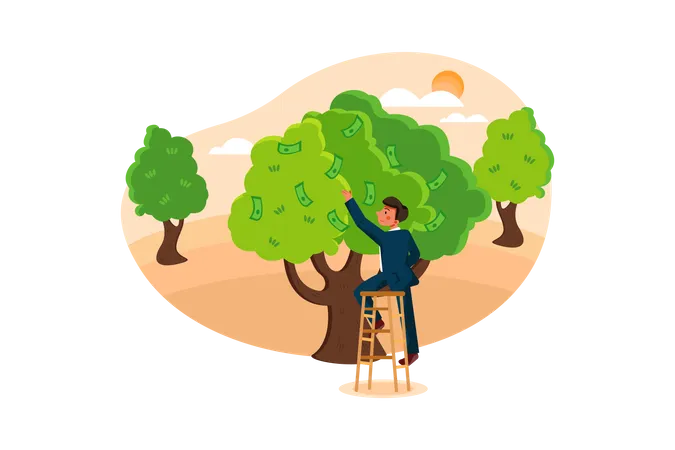 Business man taking money from money tree  Illustration