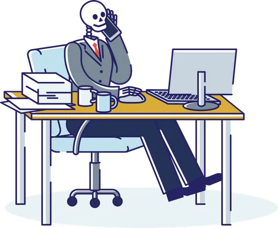 Skeleton Business Man Wearing Suit Talking On Phone On Workplace Workaholic Office Worker Concept Overworked And Overload Professional Linear Vector Illustration Illustration