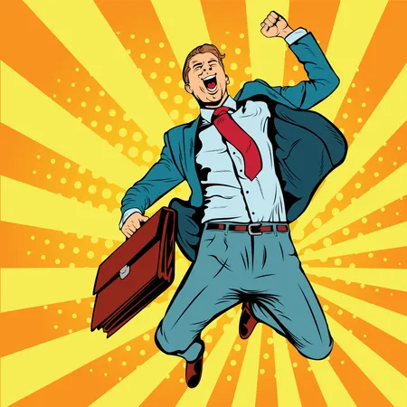 Business man the winner pop art retro vector illustration. Successful businessman jumping for joy. Joyful man with briefcase of money and documents.  Illustration