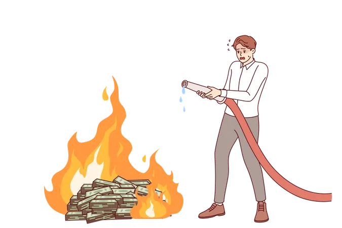 Business man trying to escape from bankruptcy and put out burning money with fire hose  Illustration