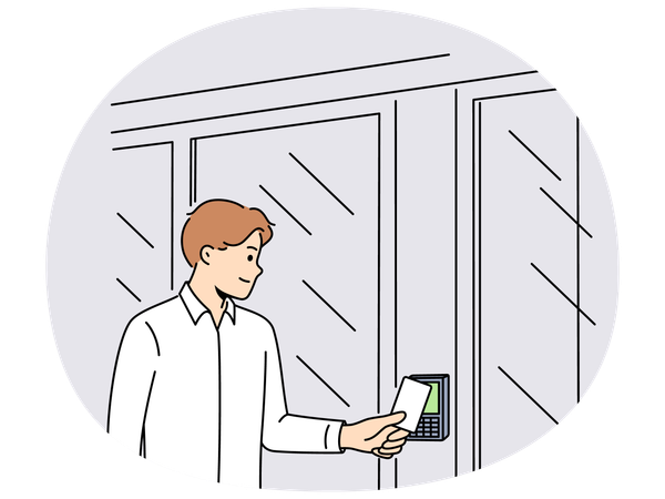 ビジネスマンがキーカードを使ってドアの電子錠を開け、オフィススペースに入る  イラスト