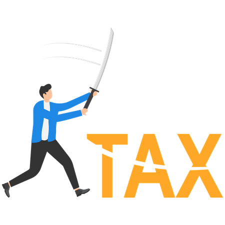 Business man using sword to cut taxes  Illustration