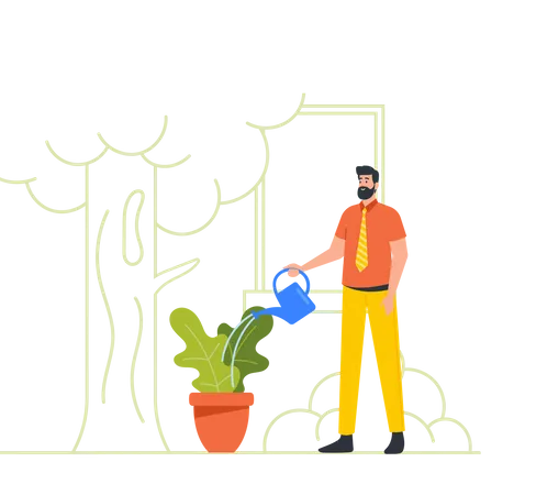 Business Man Watering Green Potted Plant In Office Male Employee Character Care Of Flowers In Working Room With Biophilic Design Eco Friendly Environment Workspace Cartoon Vector Illustration Illustration