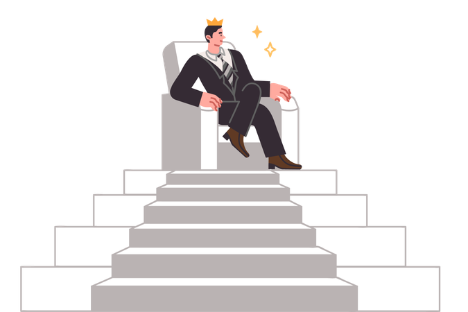 Business man wearing king crown sits at top of pyramid and after occupying position of boss  Illustration