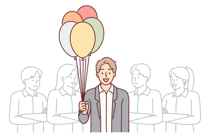 Business man with balloons stands near colleagues  Illustration