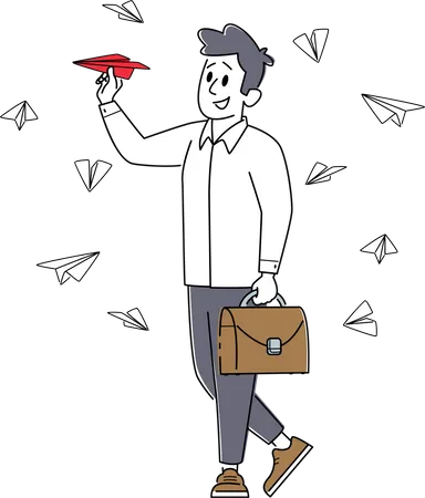 Business Man with Briefcase Flying Paper Airplanes  Illustration