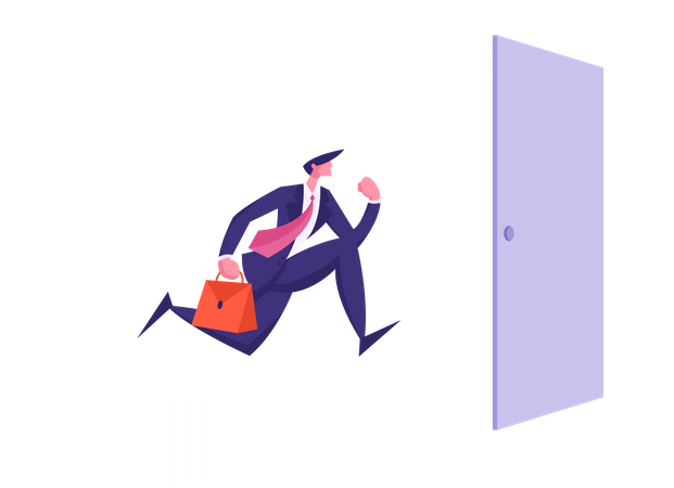 Business Man with Briefcase Running into Open Door Entrance  Illustration