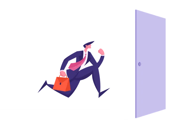 Business Man with Briefcase Running into Open Door Entrance  Illustration