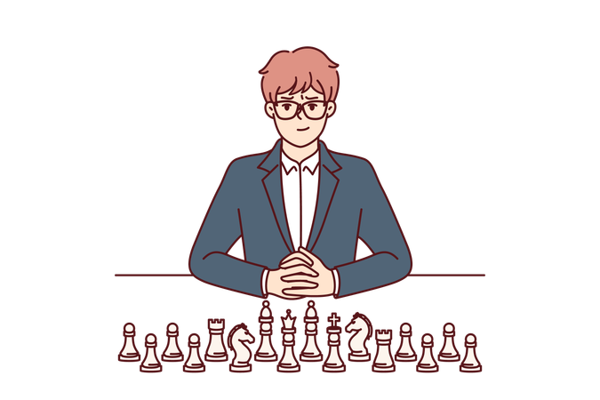 Business man with chess pieces sits at table and looks at screen  Illustration