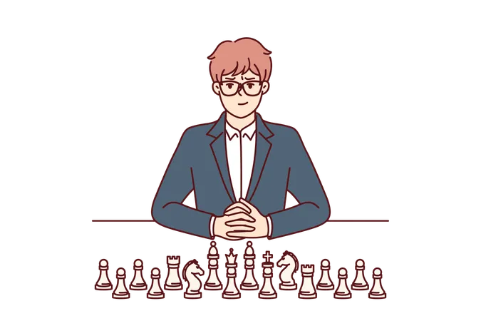 Business man with chess pieces sits at table and looks at screen  Illustration