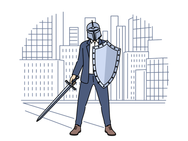 Business man with knight shield is preparing for battle  Illustration