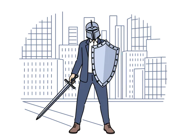 Business man with knight shield is preparing for battle  Illustration