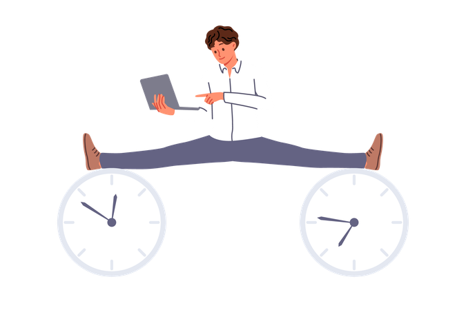Business man with laptop enjoying flexible work schedule does splits at clock symbolizing deadlines  Illustration