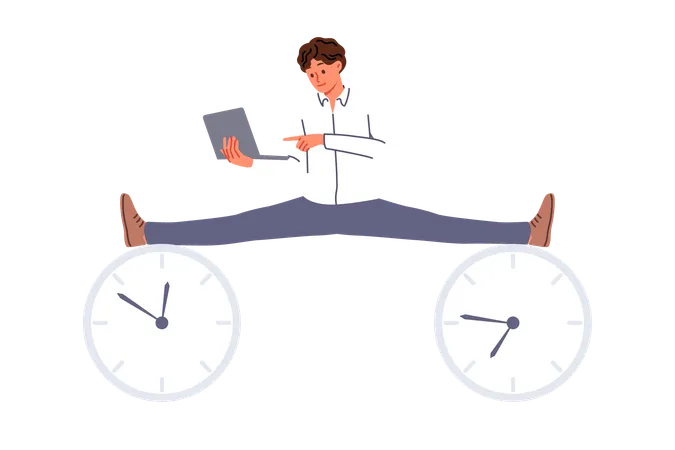 Business man with laptop enjoying flexible work schedule does splits at clock symbolizing deadlines  イラスト