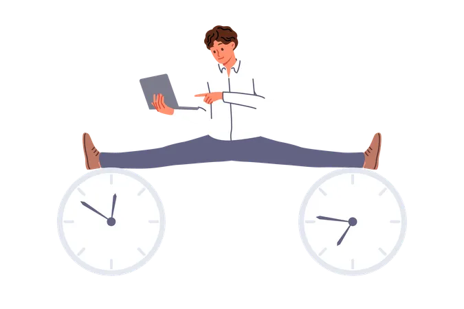 Business man with laptop enjoying flexible work schedule does splits at clock symbolizing deadlines  Illustration