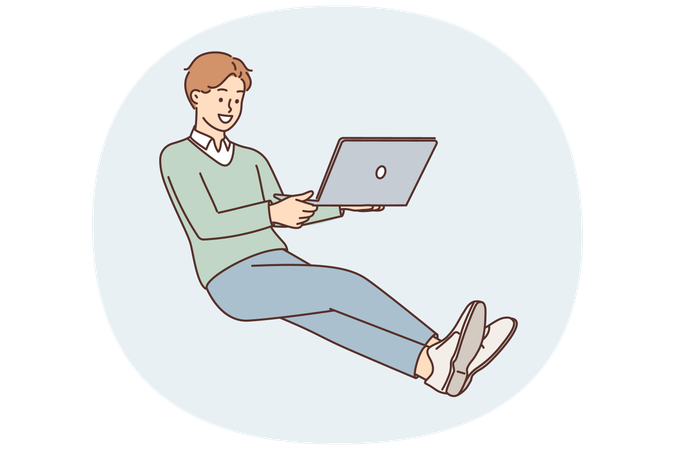 Business man with laptop on lap hovers in zero gravity doing work remotely via Internet  Illustration