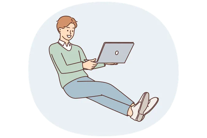 Business man with laptop on lap hovers in zero gravity doing work remotely via Internet  Illustration