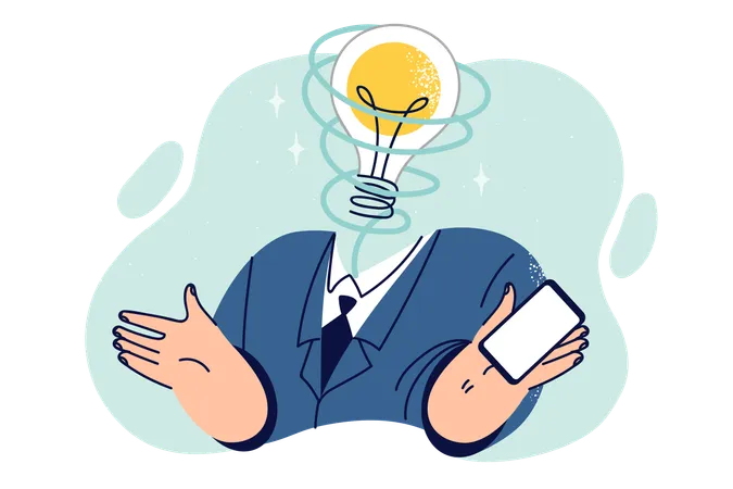 Business Man With Light Bulb Instead Of Head Symbolizing Presence Of Many Ideas For Starting Business Company Boss In Formal Suit Holds Smartphone Offering Ideas For Optimizing Corporate Processes Illustration