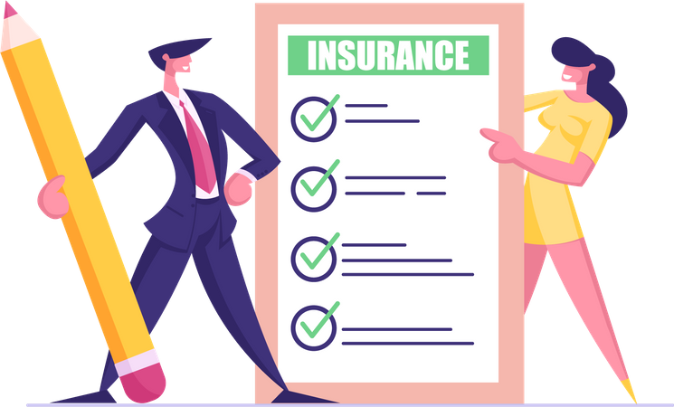Business Man with Pencil and Young Woman Holding Insurance Certificate with Checklist Illustration