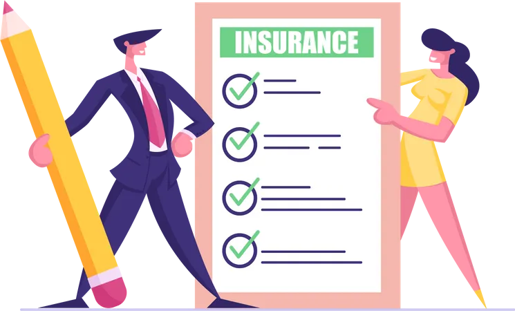 Business Man with Pencil and Young Woman Holding Insurance Certificate with Checklist  Illustration