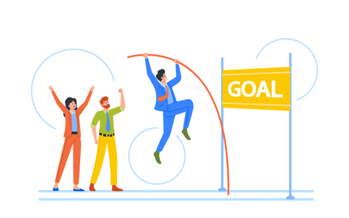 Business Man With Pole Jumping Over Barrier Reaching The Goal In Career Or Finance  Illustration