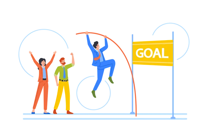 Business Man With Pole Jumping Over Barrier Reaching The Goal In Career Or Finance  Illustration
