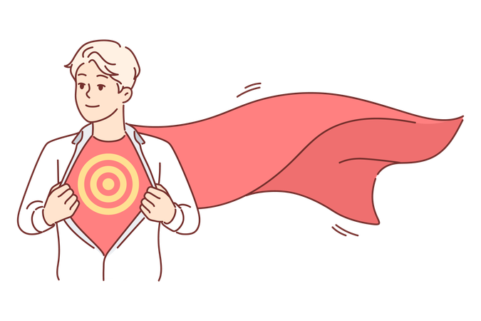 Business man with superhero cape unbuttons shirt and shows target symbolizing ambition  Illustration